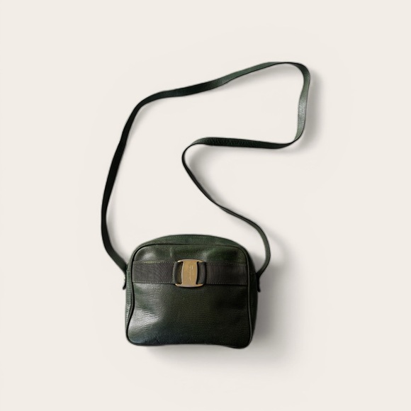 Salvatore Ferragamo Handbags - Vintage Salvatore Ferragamo Green Lizard Embossed Leather Vara Bow Crossbody Bag